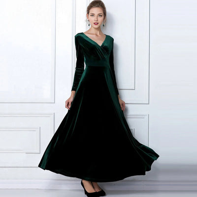 Long Sleeve V Neck Pleated Velvet Banquet Party Maxi Dress Party Wedding