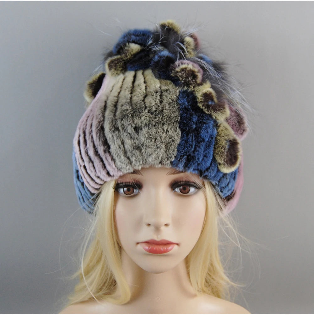 Luxury Women Fur Hat For Winter Handmade Natural Rex Rabbit Fox .