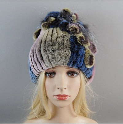 Luxury Women Fur Hat For Winter Handmade Natural Rex Rabbit Fox .