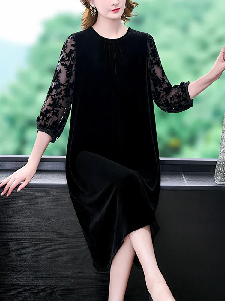 Velvet Chic Hook Flower Hollow Sexy Midi Dress Women Solid