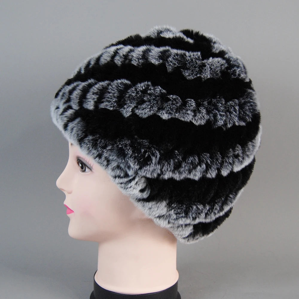 Real Rex Rabbit Winter Fur Hat For Women Russian Real Fur Knitted Cap