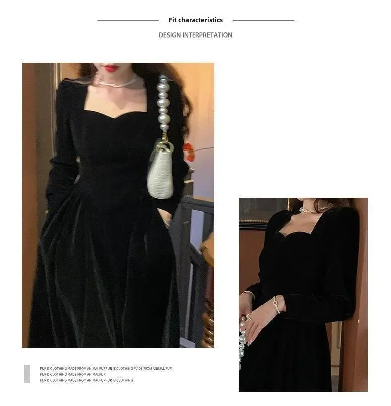 Gold Velvet Women's Dress Elegant Waist-Cinching Ladylike Style