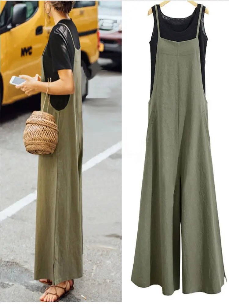 Sleeveless Jumpsuit Solid Color Wide Leg Casual Loose Cotton Linen