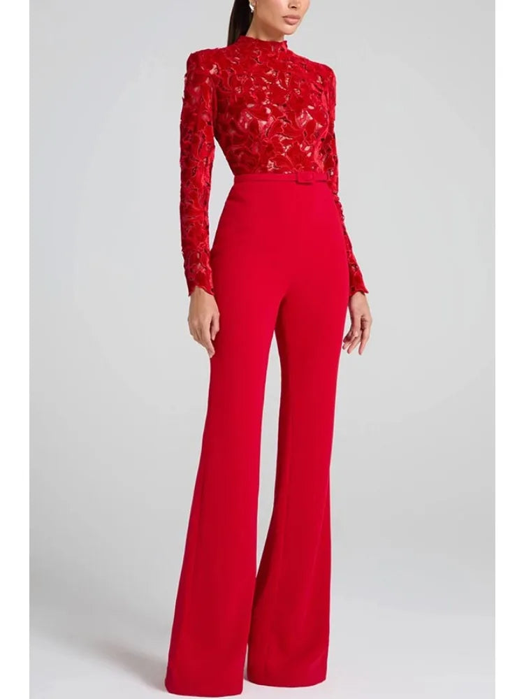 Long sleeved waistband jumpsuit flared pants| INS casual loose party jumpsuit