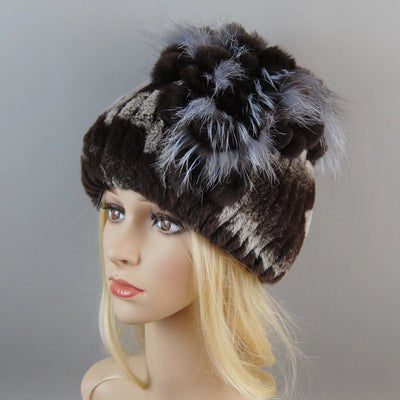 Luxury Women Fur Hat For Winter Handmade Natural Rex Rabbit Fox .