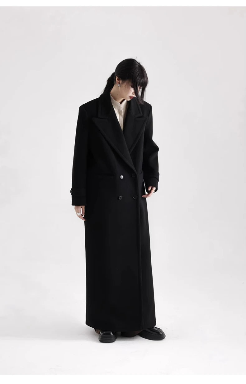 Winter Luxury Extra Long Black Warm Soft Wool & blends Coat for Women