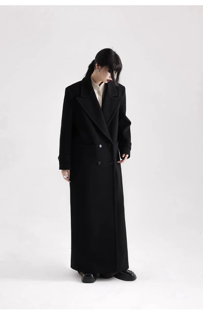 Winter Luxury Extra Long Black Warm Soft Wool & blends Coat for Women