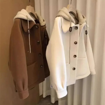 Woolen Coat Vintage Loose Fit Hat Design Thick Korean Style