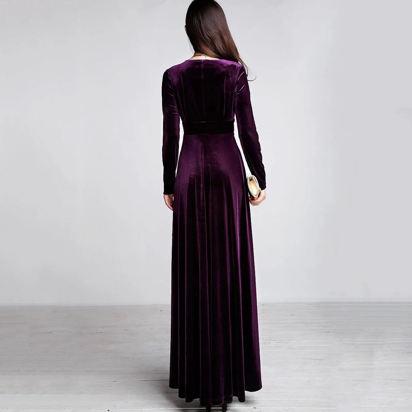 Long Sleeve V Neck Pleated Velvet Banquet Party Maxi Dress Party Wedding