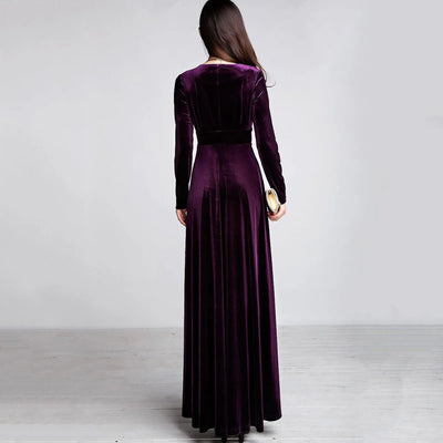 Long Sleeve V Neck Pleated Velvet Banquet Party Maxi Dress Party Wedding