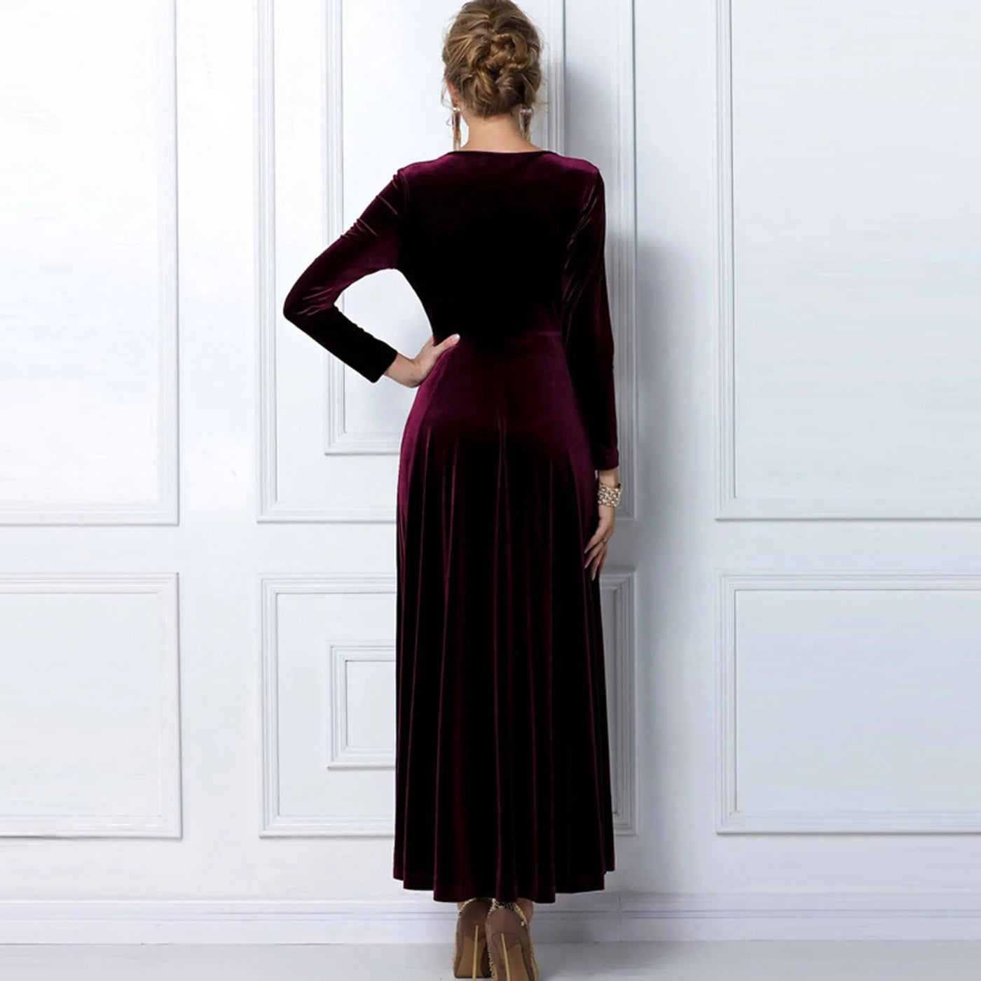Long Sleeve V Neck Pleated Velvet Banquet Party Maxi Dress Party Wedding