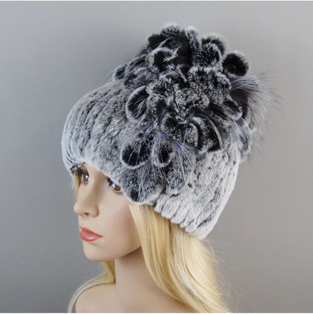 Luxury Women Fur Hat For Winter Handmade Natural Rex Rabbit Fox .