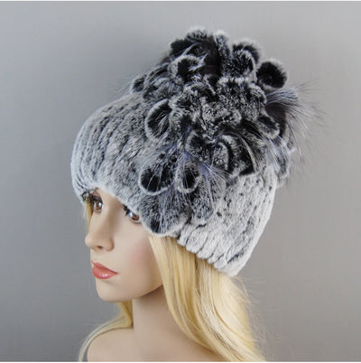 Luxury Women Fur Hat For Winter Handmade Natural Rex Rabbit Fox .