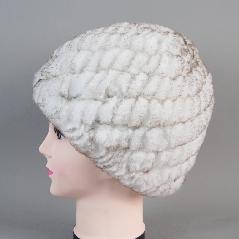 Real Rex Rabbit Winter Fur Hat For Women Russian Real Fur Knitted Cap
