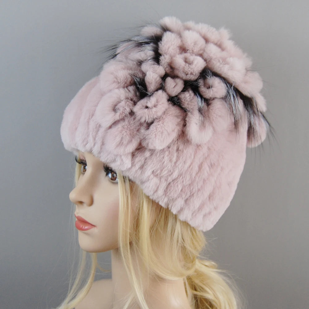 Luxury Women Fur Hat For Winter Handmade Natural Rex Rabbit Fox .