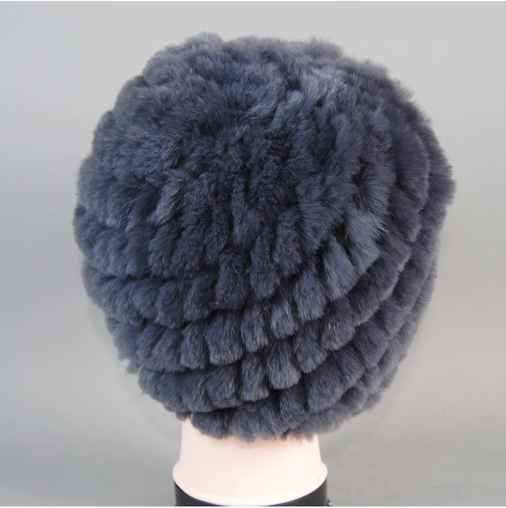 Real Rex Rabbit Winter Fur Hat For Women Russian Real Fur Knitted Cap
