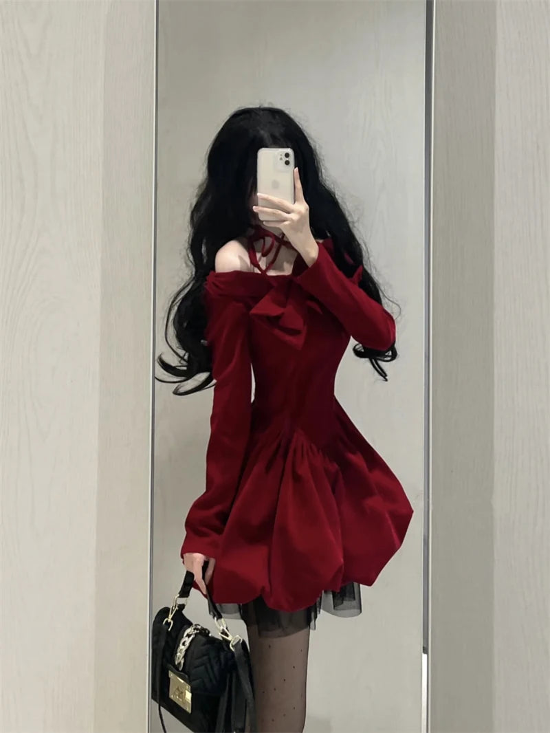 Y2K Sexy Slash Neck Red Velvet Dresses Winter Kawaii Christmas Party