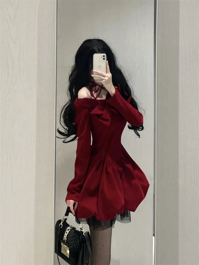 Y2K Sexy Slash Neck Red Velvet Dresses Winter Kawaii Christmas Party