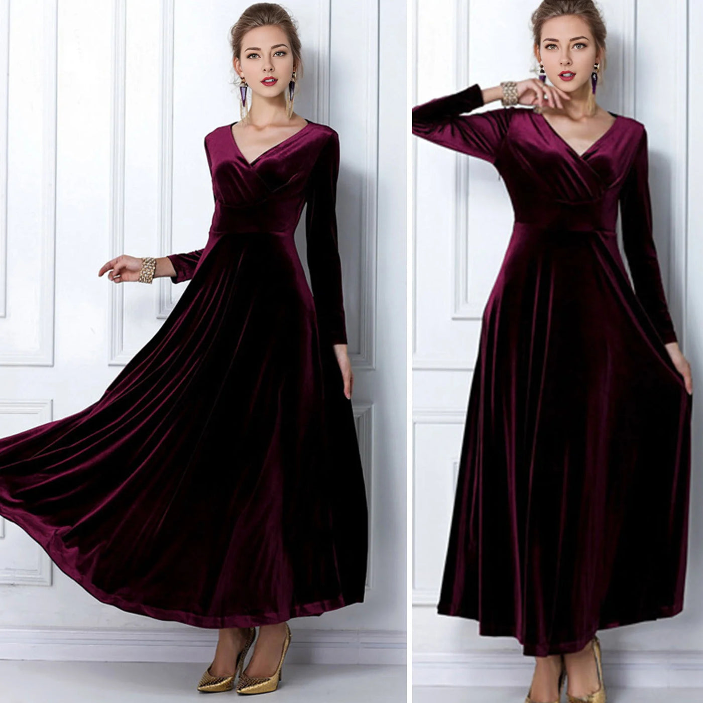 Long Sleeve V Neck Pleated Velvet Banquet Party Maxi Dress Party Wedding