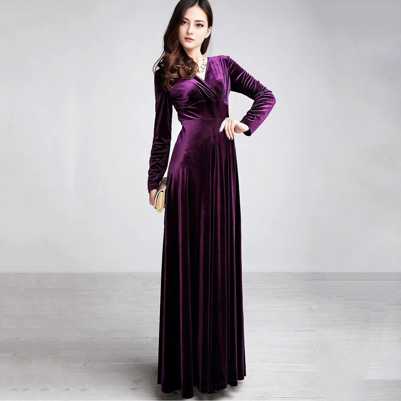 Long Sleeve V Neck Pleated Velvet Banquet Party Maxi Dress Party Wedding