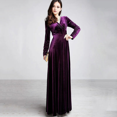 Long Sleeve V Neck Pleated Velvet Banquet Party Maxi Dress Party Wedding