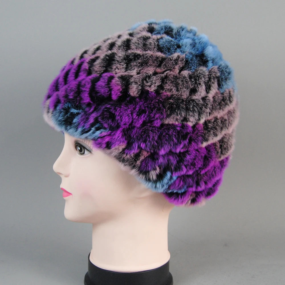 Real Rex Rabbit Winter Fur Hat For Women Russian Real Fur Knitted Cap