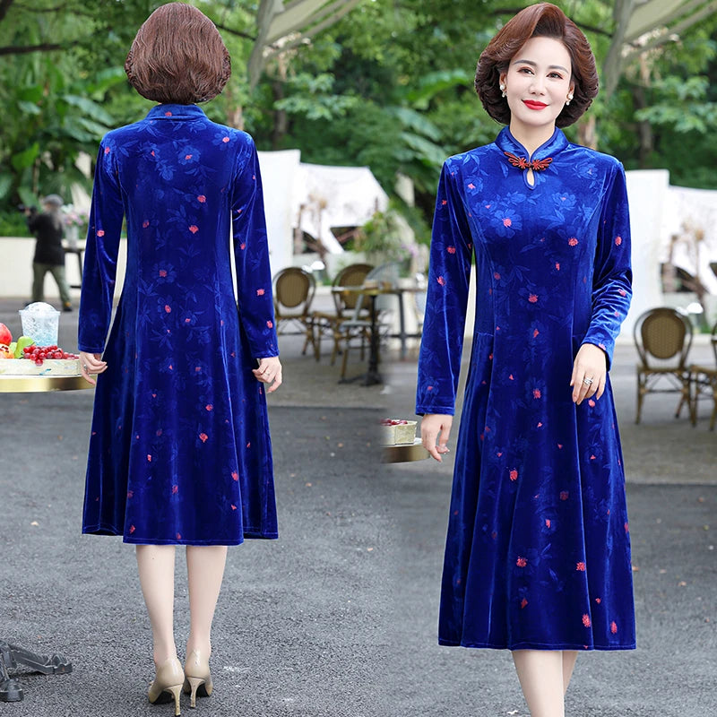 Embroidery Gold Velvet Cheongsam Long Dress Women