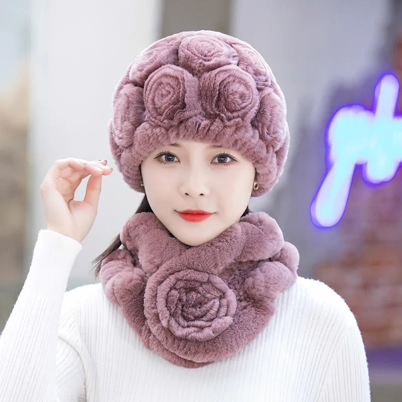 Winter Fur Hat Scarf Sets Natural Warm Real Rex Rabbit Fur