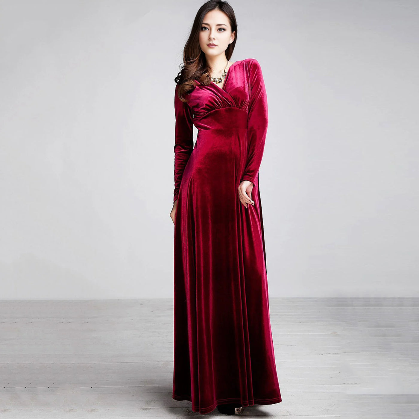 Long Sleeve V Neck Pleated Velvet Banquet Party Maxi Dress Party Wedding
