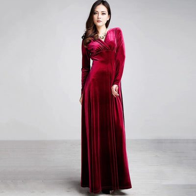 Long Sleeve V Neck Pleated Velvet Banquet Party Maxi Dress Party Wedding