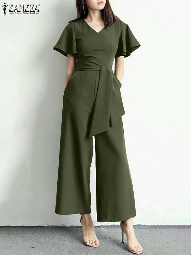 Wide Leg Jumpsuits Summer V Neck Short Sleeve Rompers Elegant