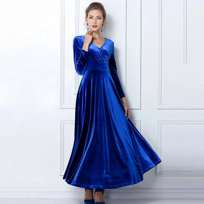 Long Sleeve V Neck Pleated Velvet Banquet Party Maxi Dress Party Wedding