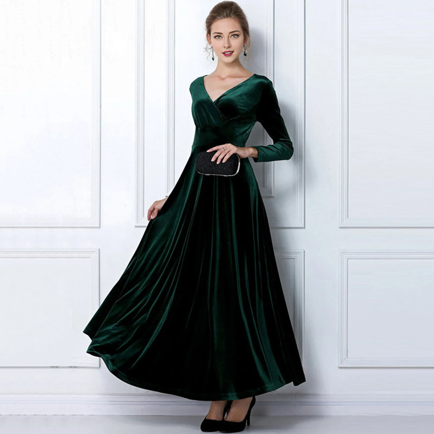 Long Sleeve V Neck Pleated Velvet Banquet Party Maxi Dress Party Wedding