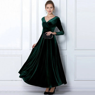 Long Sleeve V Neck Pleated Velvet Banquet Party Maxi Dress Party Wedding