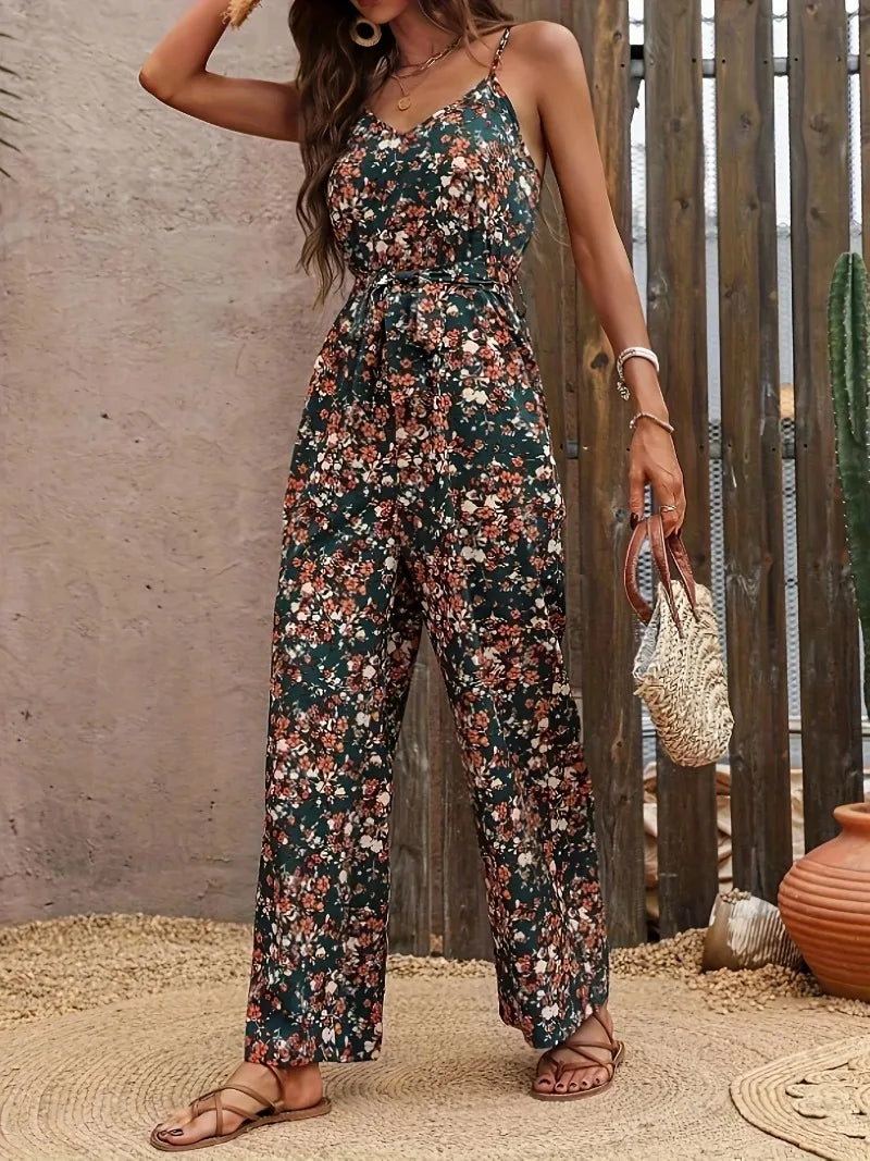 Jumpsuits for Women Summer Casual Printed Round Neck Suspender Jumpsuit
