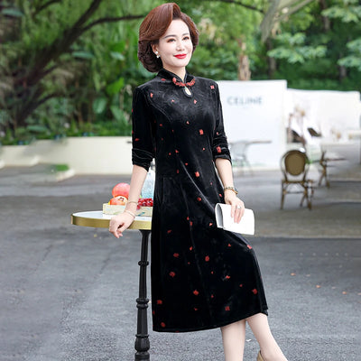 Embroidery Gold Velvet Cheongsam Long Dress Women