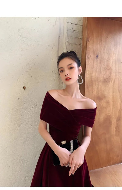 Chic Black Soft Velvet Evening Party Wedding Dresses for Women Off Shoulder Maxi Clothes