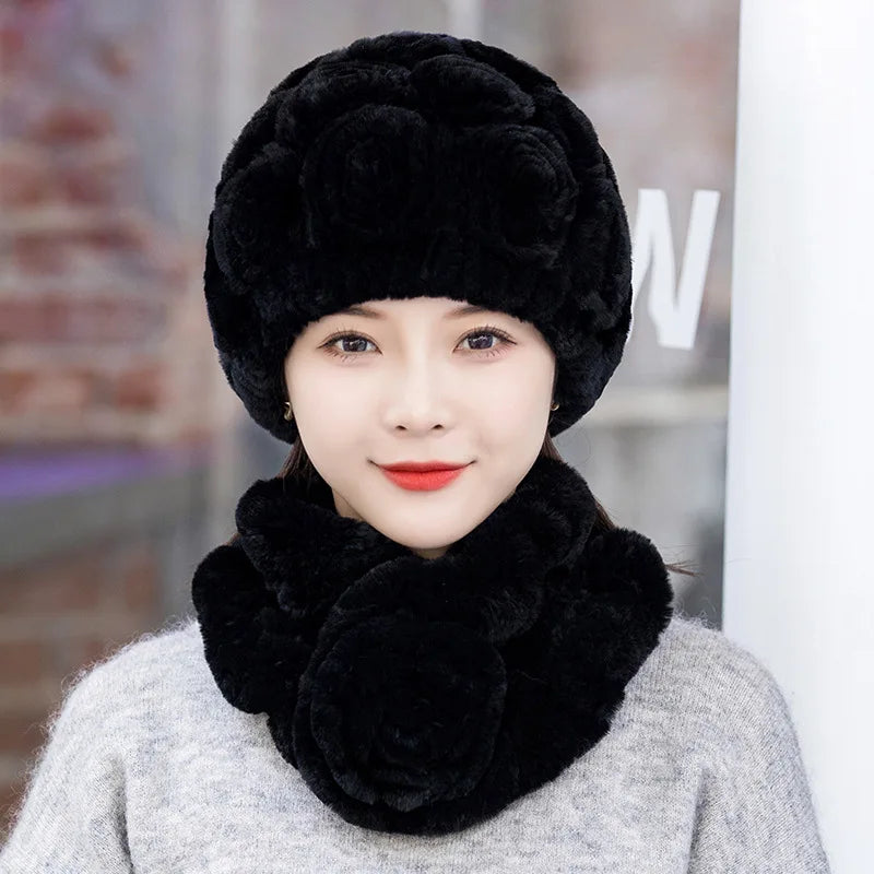 Winter Fur Hat Scarf Sets Natural Warm Real Rex Rabbit Fur