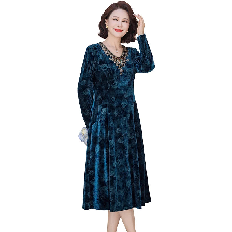 V-Neck Long Sleeve Velvet Dress Women's Meticulous Pocket Mid-Length Gown