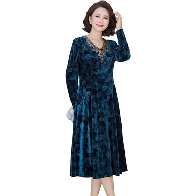 V-Neck Long Sleeve Velvet Dress Women's Meticulous Pocket Mid-Length Gown