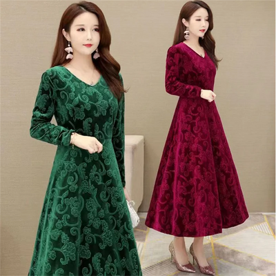 Maxi Dress Ankle-Length Women Dress  Pure Color Velvet Dress Dressing Up