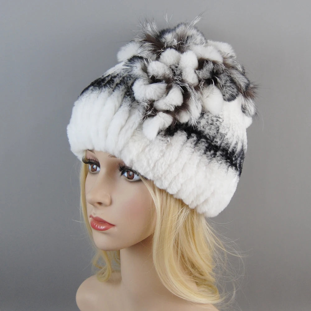 Luxury Women Fur Hat For Winter Handmade Natural Rex Rabbit Fox .