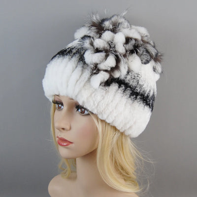 Luxury Women Fur Hat For Winter Handmade Natural Rex Rabbit Fox .