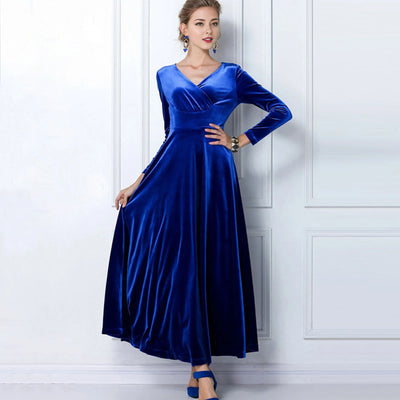 Long Sleeve V Neck Pleated Velvet Banquet Party Maxi Dress Party Wedding
