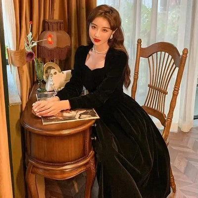 Gold Velvet Women's Dress Elegant Waist-Cinching Ladylike Style