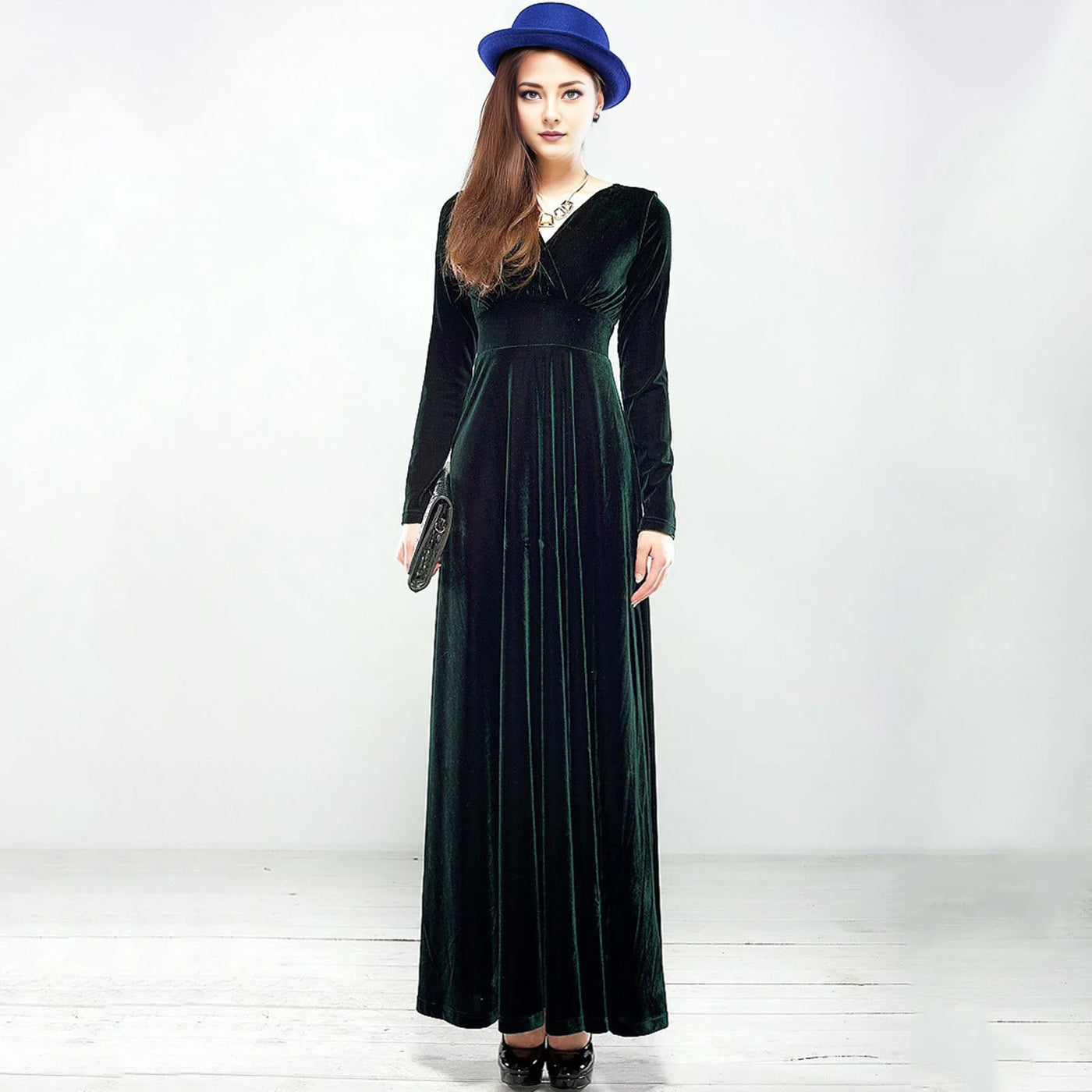 Long Sleeve V Neck Pleated Velvet Banquet Party Maxi Dress Party Wedding
