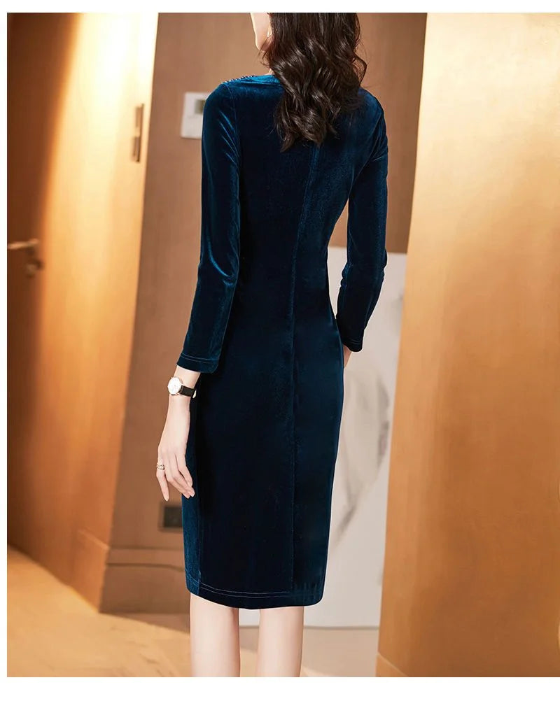 Golden Velvet Dress For Women  Long Sleeve Dress Velvet Thickened Hip