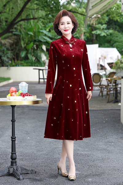 Embroidery Gold Velvet Cheongsam Long Dress Women