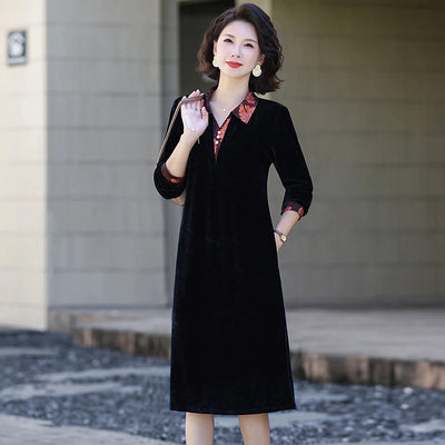 Velvet Midi Dress Women's Velvet Full Sleeve Knee-length Regular Shirt