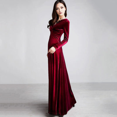 Long Sleeve V Neck Pleated Velvet Banquet Party Maxi Dress Party Wedding